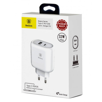Сетевое зарядное устройство Baseus Bojure SeriesType-C PD-U quick charge charger EU 32W set White (TZTUN-BJ02)